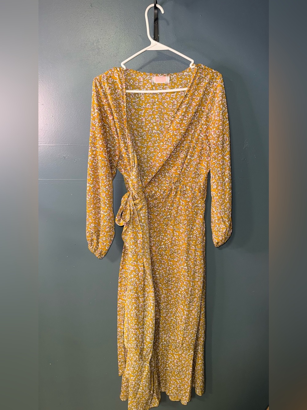 Women’s Mustard Yellow Floral Wrap Midi Dress with Long Sleeves
